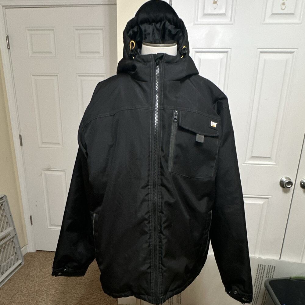 CAT Men’s Black Hooded Full Zip Lined Mid-Length Parka Jacket, Size XL